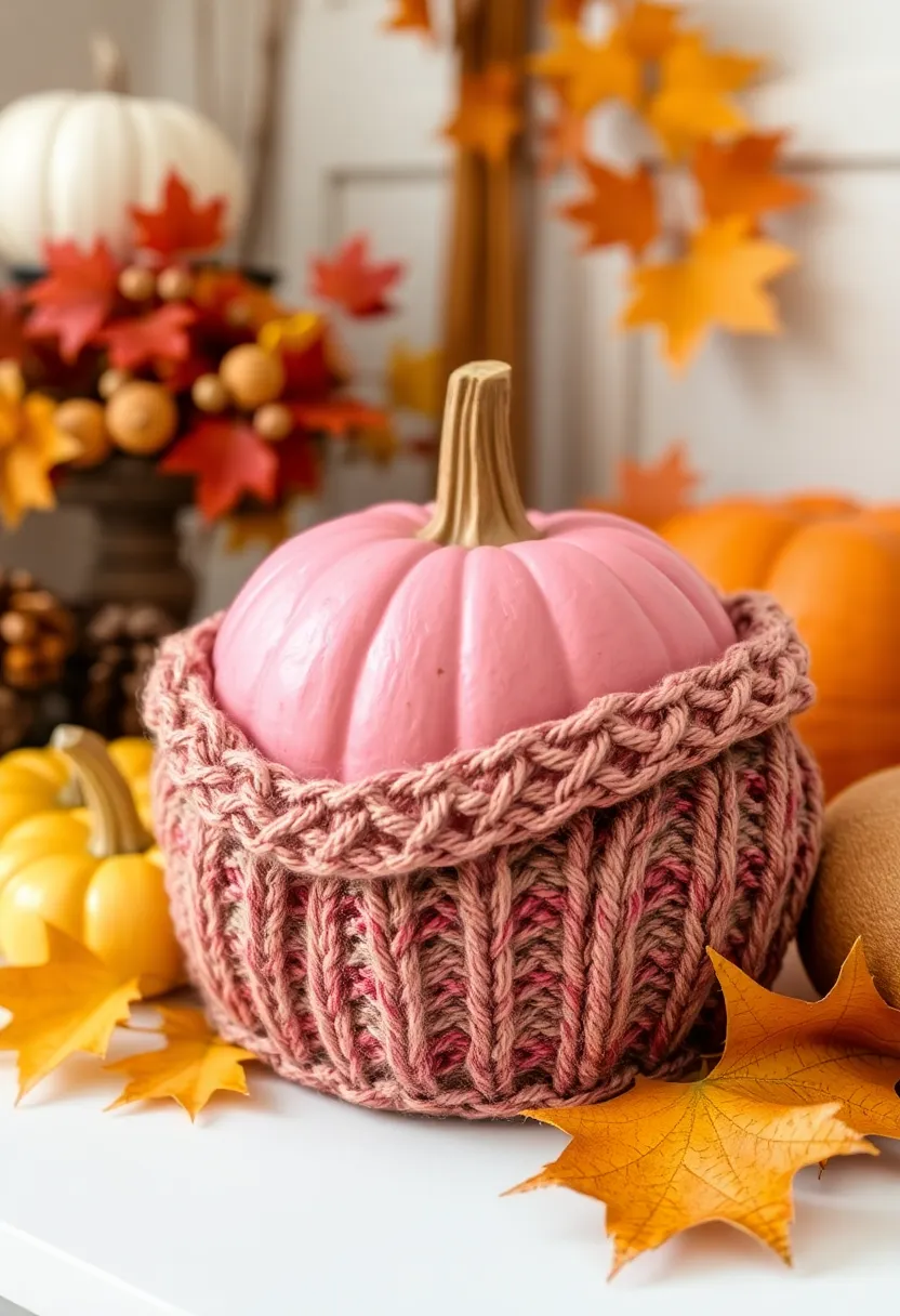 30+ Pink Pumpkin Painting Ideas That Add a Sweet Stylish Touch to Decor - 30. Cozy Knitted Pumpkin