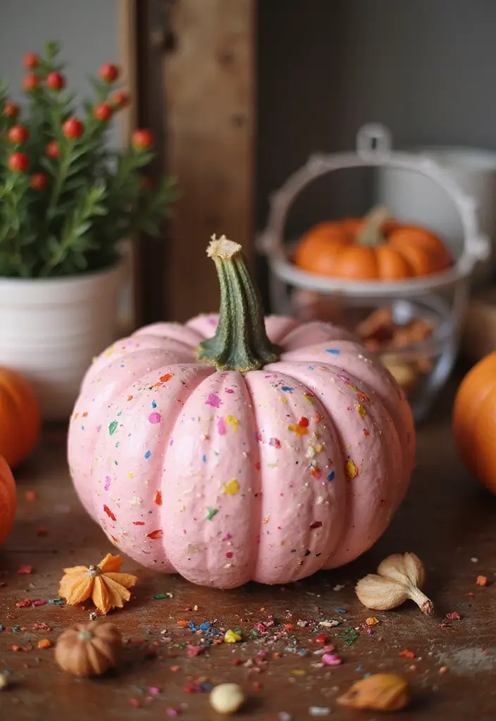 30+ Pink Pumpkin Painting Ideas That Add a Sweet Stylish Touch to Decor - 8. Abstract Splatter Painted Pumpkin