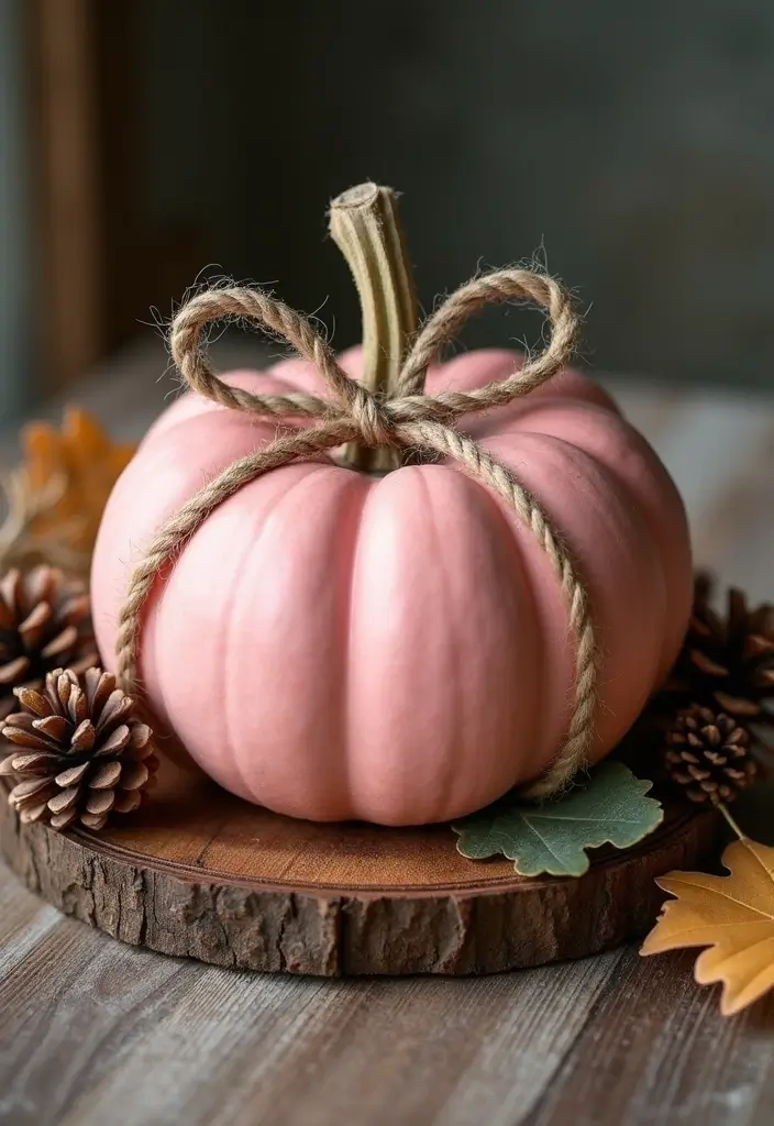 30+ Pink Pumpkin Painting Ideas That Add a Sweet Stylish Touch to Decor - 9. Rustic Twine Wrapped Pumpkin