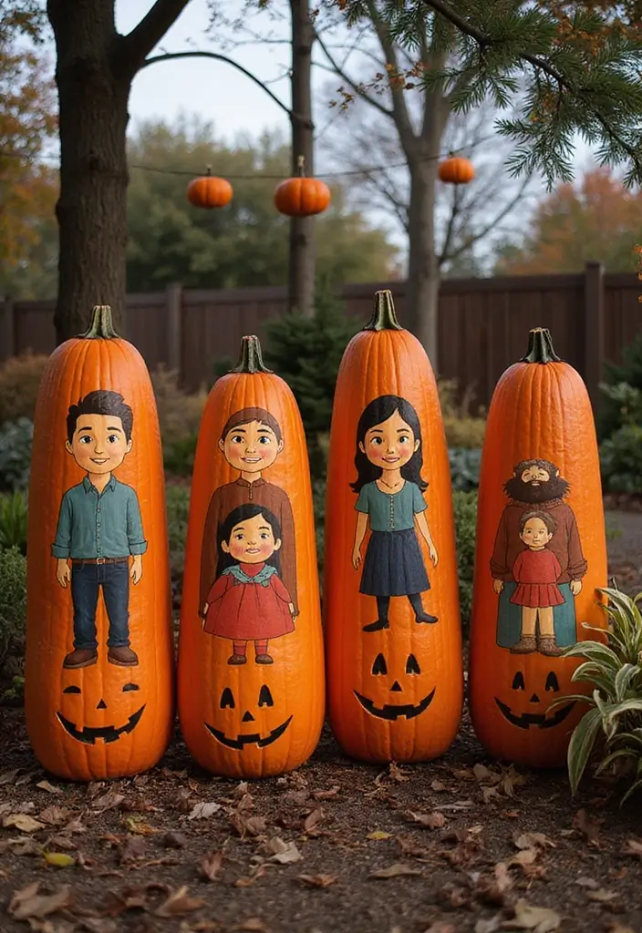 30+ Tall Pumpkin Painting Ideas That Are Eye-Catching and Unique - 12. Personalized Family Portraits
