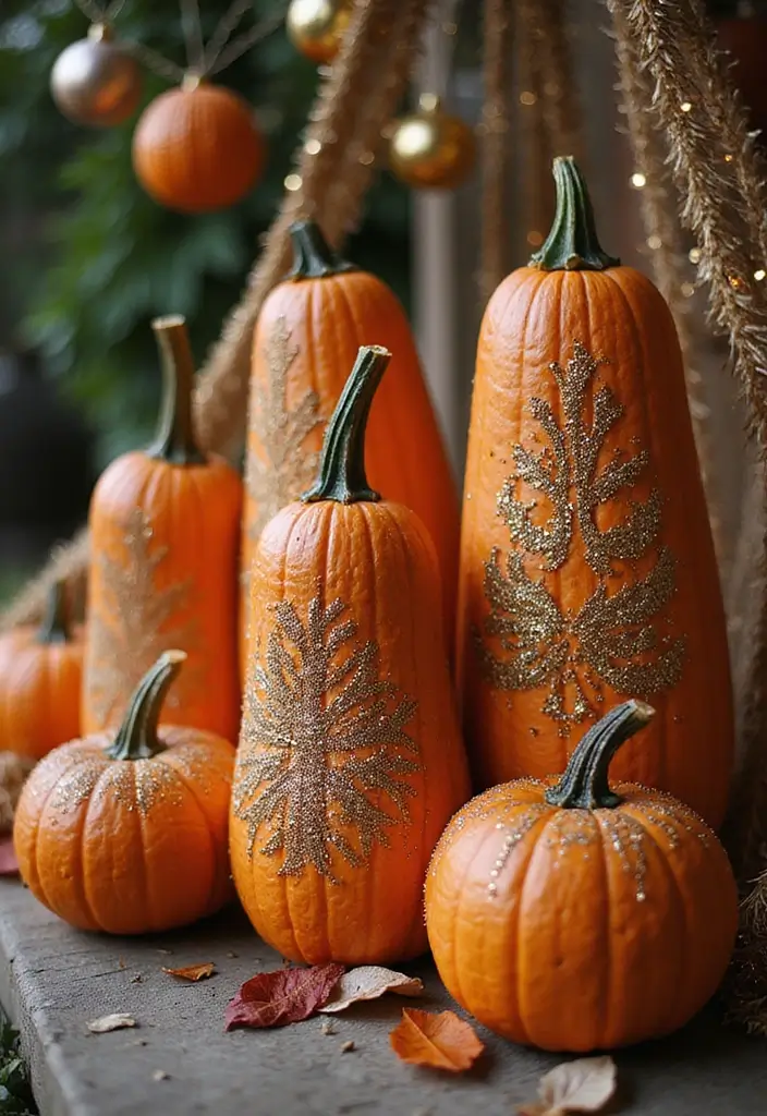 30+ Tall Pumpkin Painting Ideas That Are Eye-Catching and Unique - 13. Glitter and Glam Pumpkins