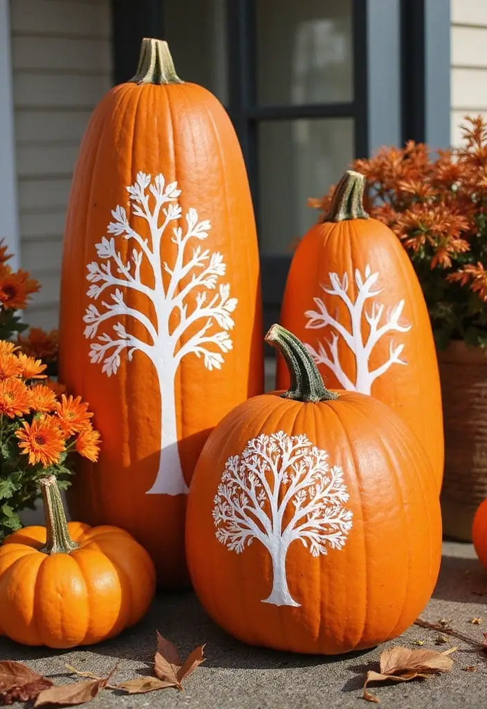 30+ Tall Pumpkin Painting Ideas That Are Eye-Catching and Unique - 26. Seasonal Patterns with Stencils