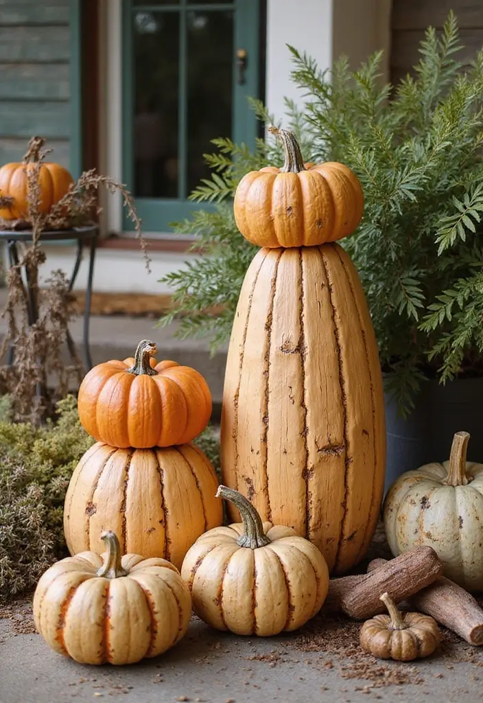 30+ Tall Pumpkin Painting Ideas That Are Eye-Catching and Unique - 28. Rustic Wood Finishes