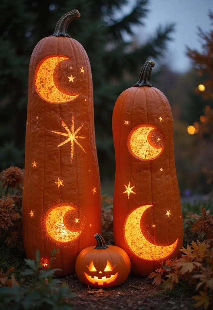 30+ Tall Pumpkin Painting Ideas That Are Eye-Catching and Unique - 29. Celestial Designs
