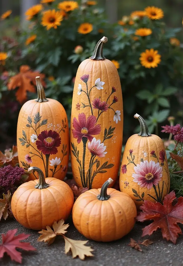 30+ Tall Pumpkin Painting Ideas That Are Eye-Catching and Unique - 3. Elegant Autumn Florals