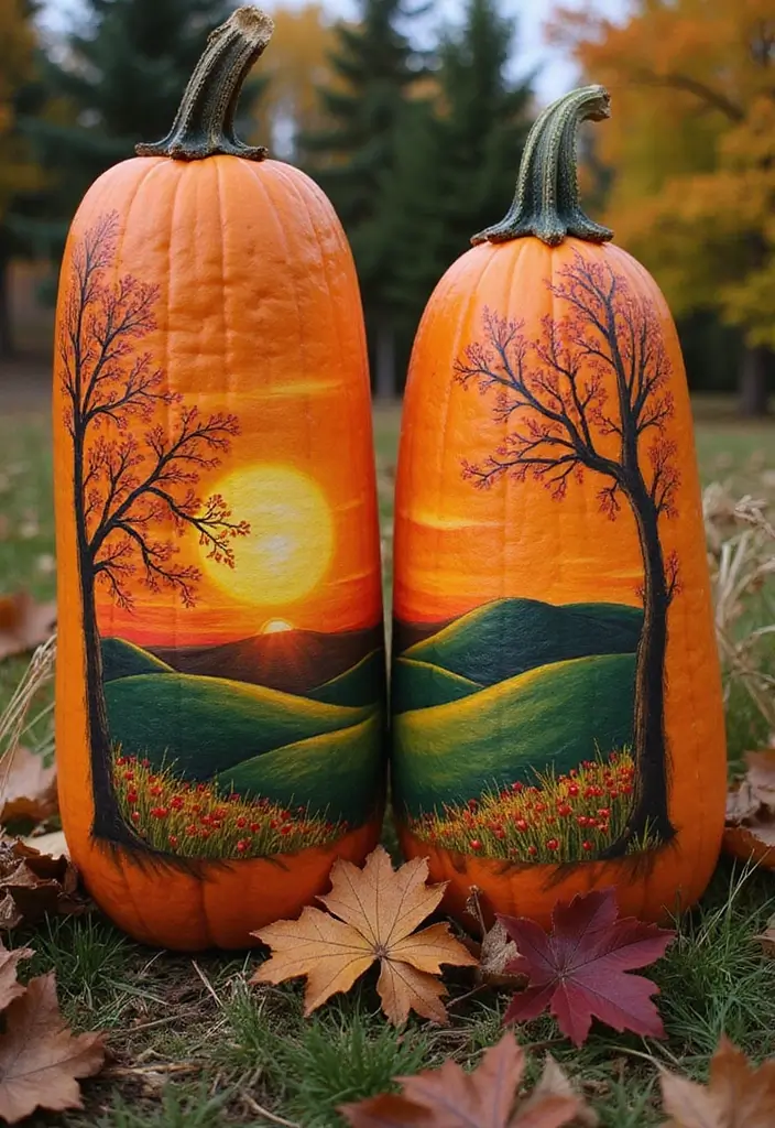 30+ Tall Pumpkin Painting Ideas That Are Eye-Catching and Unique - 5. Nature-Inspired Landscapes