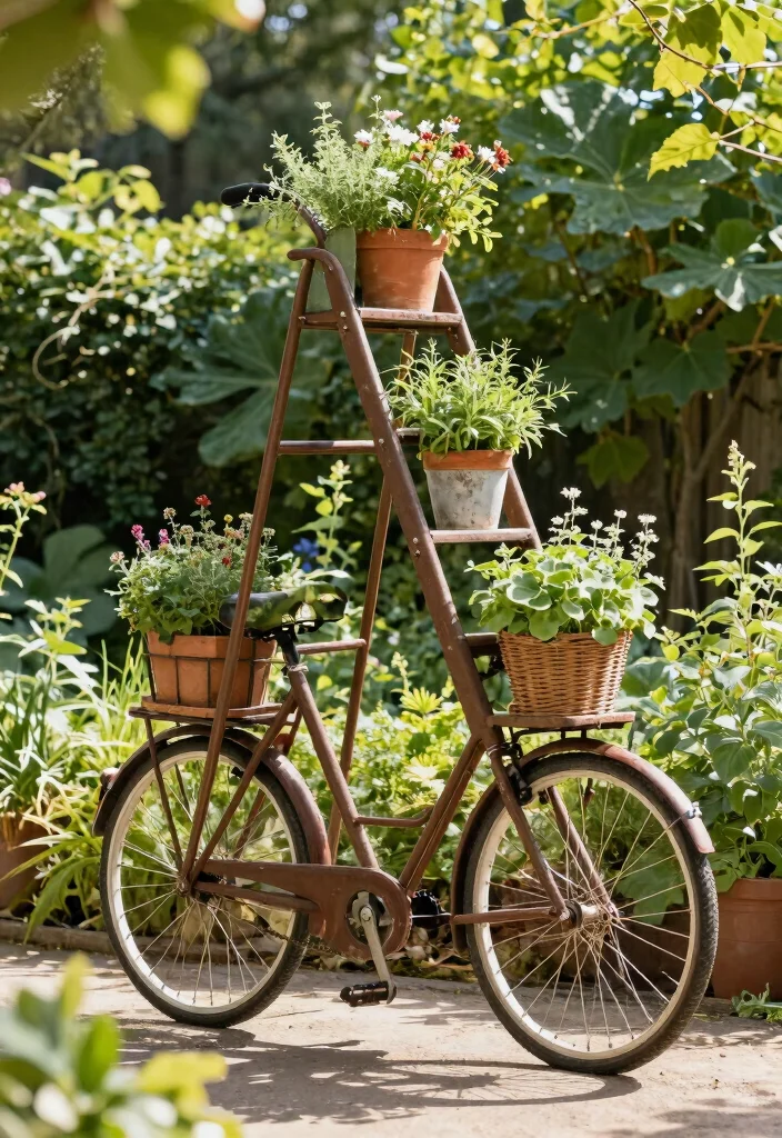 10 Cycle Decoration Ideas: Easy Outdoor DIY Projects - 7. Bike Ladder for Vertical Gardening 1