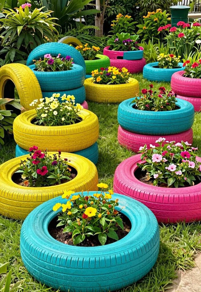 10 Cycle Tyre Decoration Ideas for Creative Outdoor Decor - 1. Flower Planters Made from Cycle Tyres 1