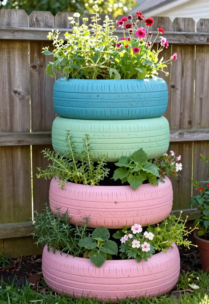 10 Cycle Tyre Decoration Ideas for Creative Outdoor Decor - 6. Vertical Garden Using Tyres 1