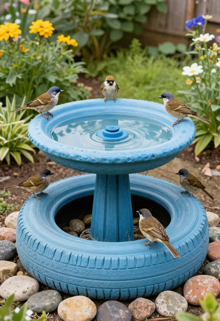 10 Cycle Tyre Decoration Ideas for Creative Outdoor Decor - 7. DIY Tyre Bird Bath 1
