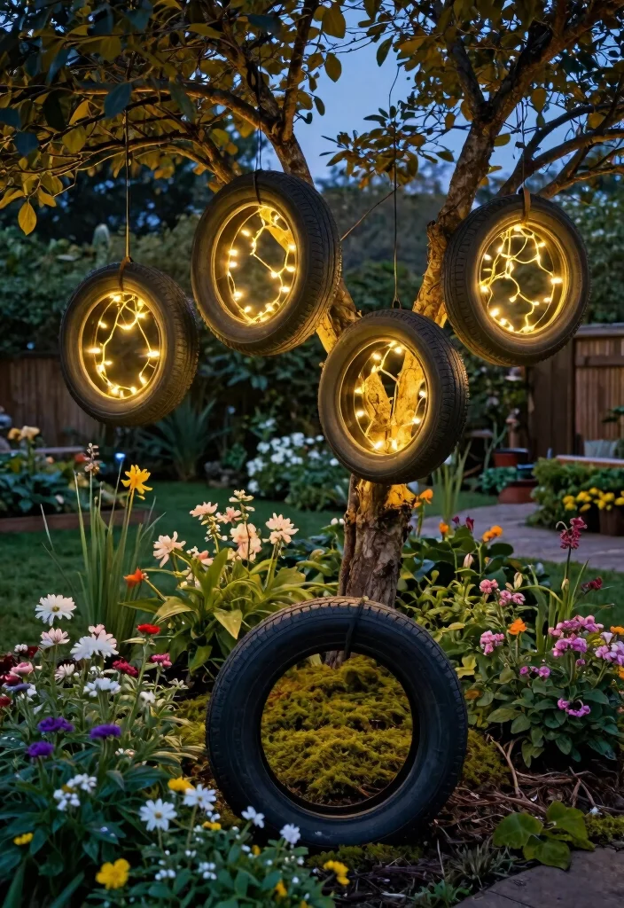 10 Cycle Tyre Decoration Ideas for Creative Outdoor Decor - 9. Upcycled Garden Lighting 1