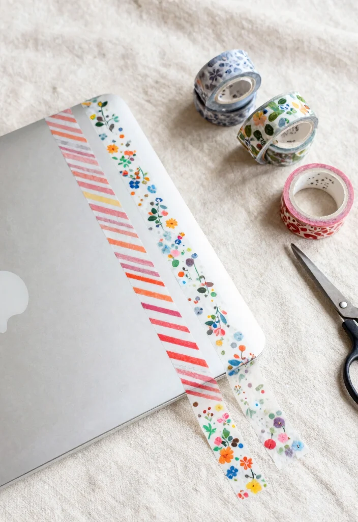 10 MacBook Decoration Ideas Aesthetic Without Stickers - 3. Washi Tape Designs 1