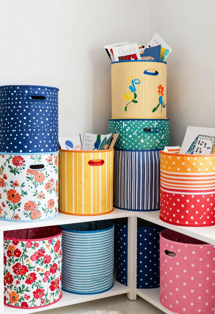 12 Art and Craft Room Decoration Ideas to Boost Creativity - 5. Funky Fabric Bins 1