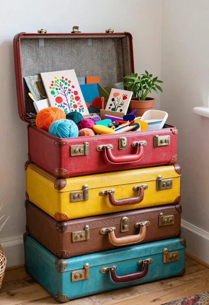 12 Art and Craft Room Decoration Ideas to Boost Creativity - 7. Vintage Suitcase Storage 1