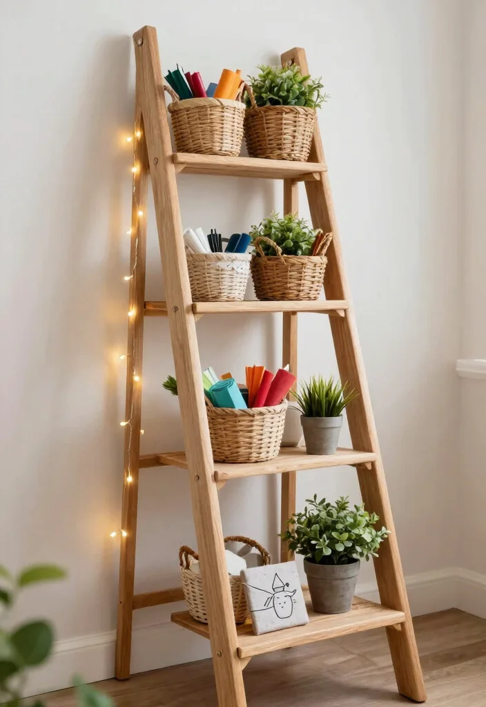 12 Art and Craft Room Decoration Ideas to Boost Creativity - 8. Repurposed Ladder Shelf 1