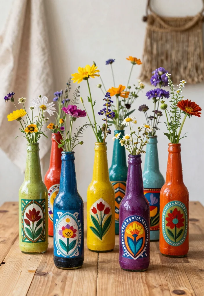12 Beer Bottle Decoration Ideas Stylish Upcycled Home Decor - 1. Bohemian Painted Bottle Vases 1
