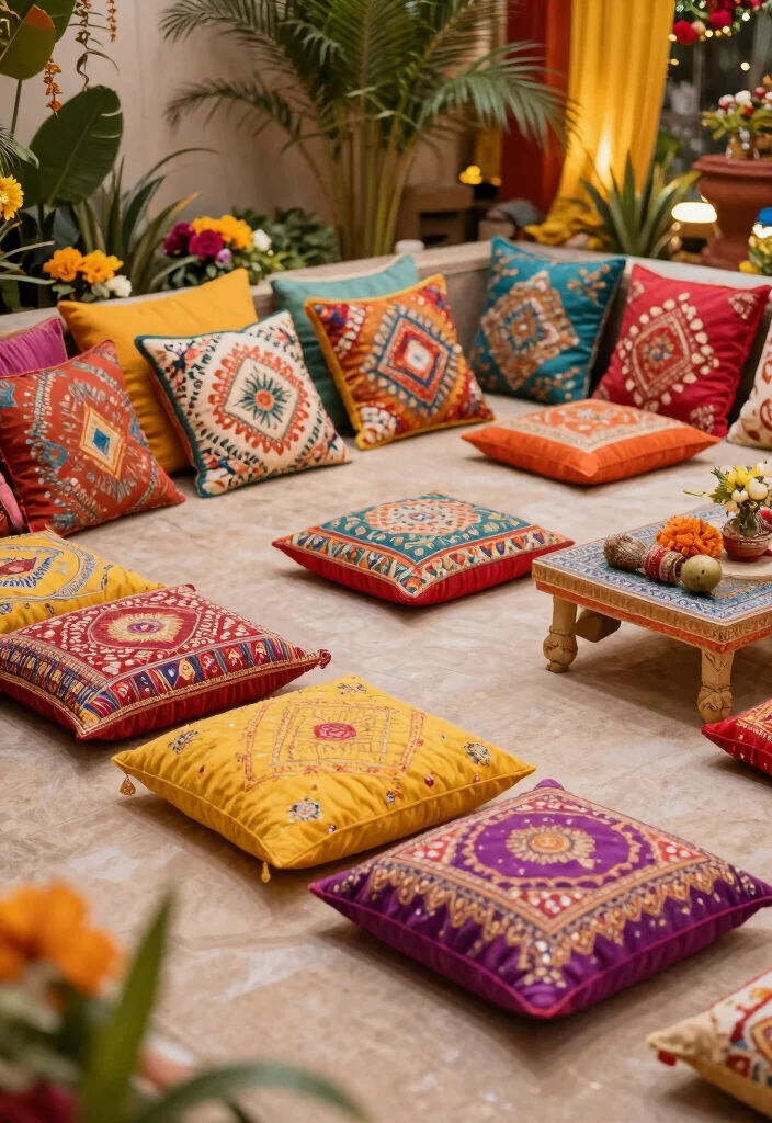 12 DIY Haldi Decoration Ideas: Budget Friendly and Traditional 10 12 DIY Haldi Decoration Ideas: Budget Friendly and Traditional - 10. Decorative Cushions and Throws 1