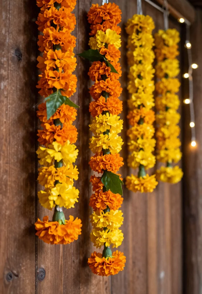 12 DIY Haldi Decoration Ideas at Home: Simple Setup - 1. Marigold Flower Garlands 1