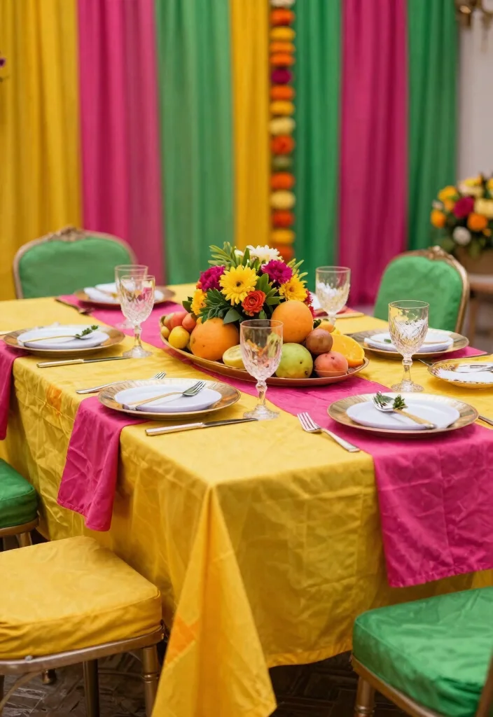12 DIY Haldi Decoration Ideas at Home: Simple Setup - 9. Colorful Table Covers 1