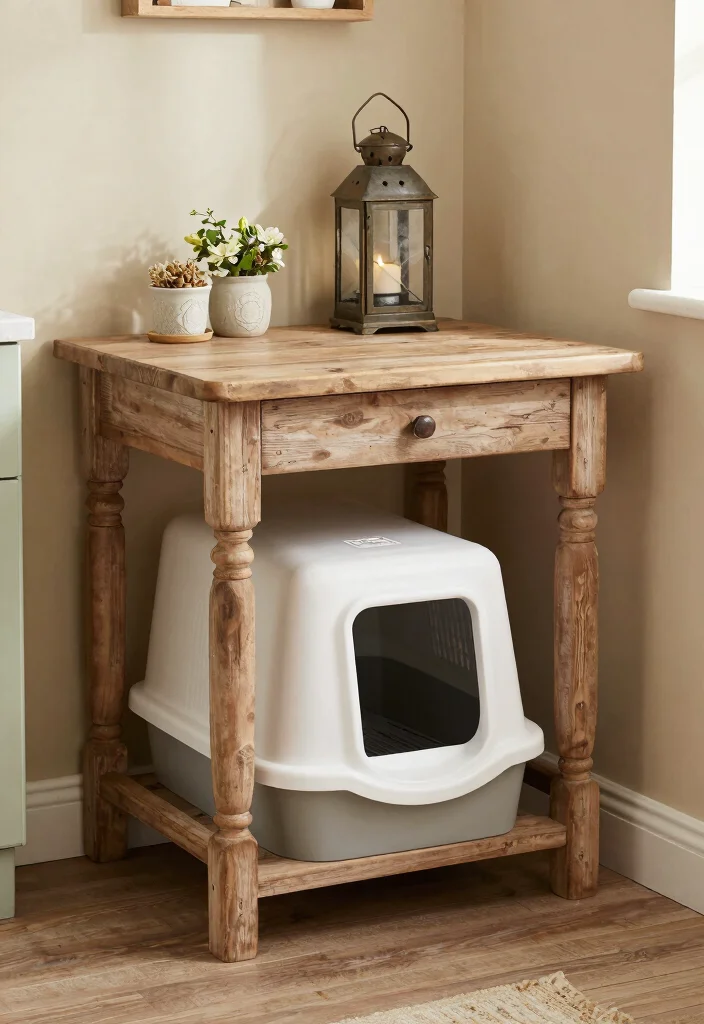 12 DIY Litter Box Ideas Hidden and Stylish Solutions 10. Farmhouse Style Litter Box Table 0