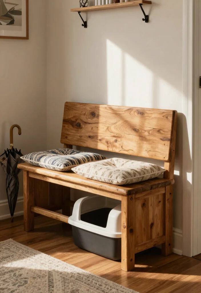 12 DIY Litter Box Ideas Hidden and Stylish Solutions 2. Rustic Wooden Bench 0
