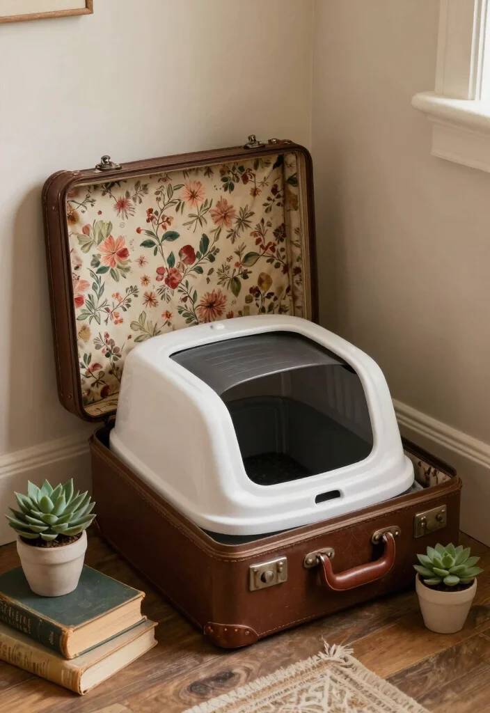 12 DIY Litter Box Ideas Hidden and Stylish Solutions 5. Vintage Suitcase Hideaway 0
