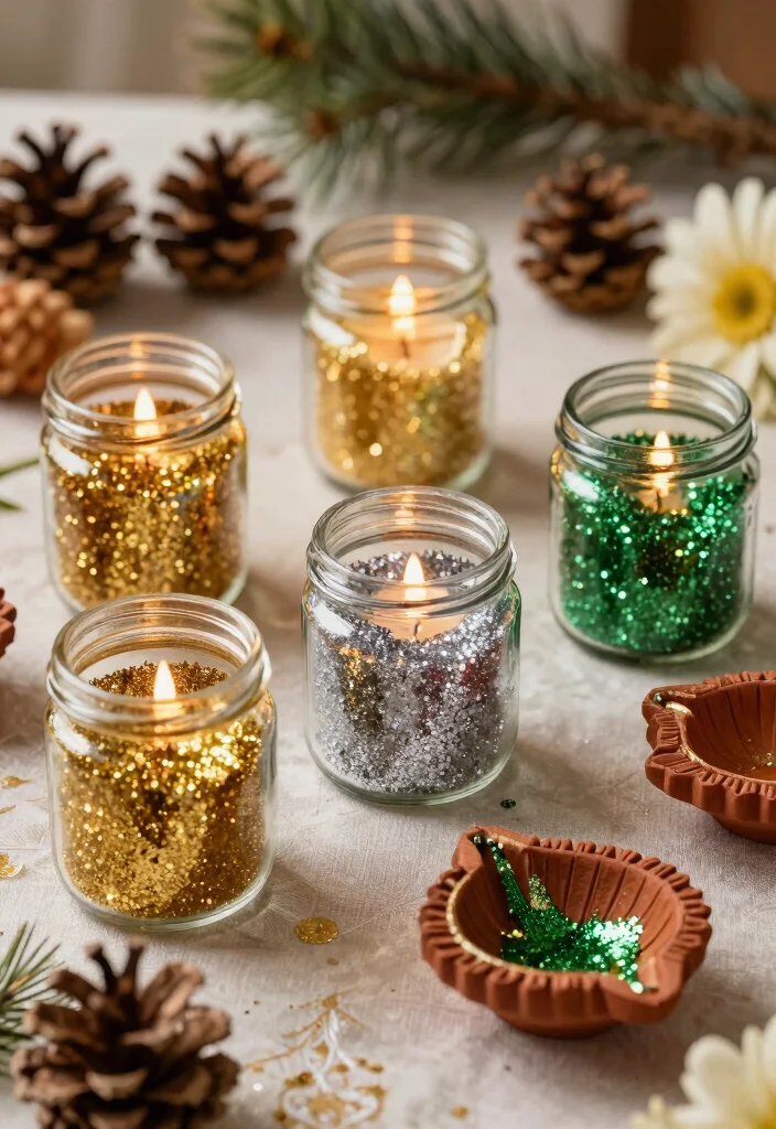 12 Diya Decoration Ideas Creative DIY Festival Decor 2 12 Diya Decoration Ideas Creative DIY Festival Decor - 2. Glittering Glass Jar Diyas 1