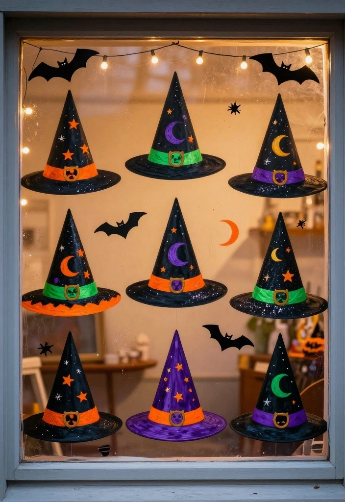 12 Easy Halloween Window Painting Ideas Last Minute Friendly - 4. Whimsical Witch Hats 1