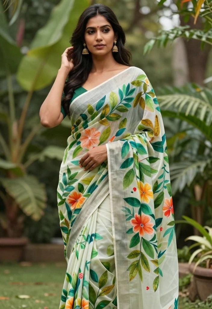 12 Fabric Painting Ideas on Sarees That Look Custom Made - 11. Nature-Inspired Art 1