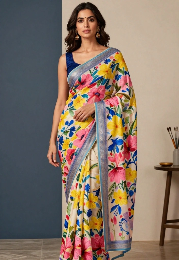 12 Fabric Painting Ideas on Sarees That Look Custom Made - 2. Floral Fantasy 1