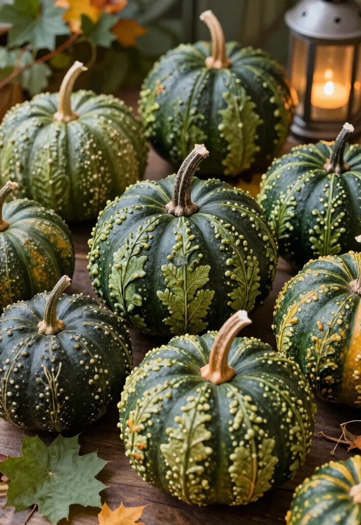 12 Green Pumpkin Painting Ideas for a Modern Fall Look 11 12 Green Pumpkin Painting Ideas for a Modern Fall Look - 11. Textural Nature Patterns 1