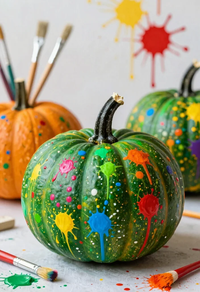 12 Green Pumpkin Painting Ideas for a Modern Fall Look 12 12 Green Pumpkin Painting Ideas for a Modern Fall Look - 12. Colorful Splatter Paint 1