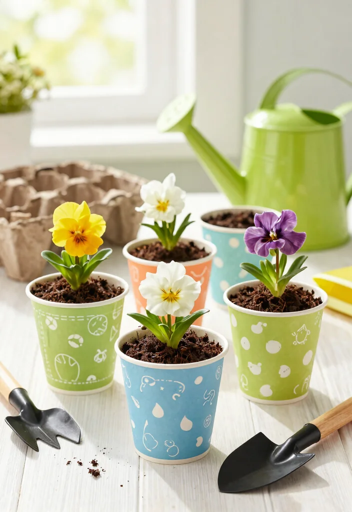 12 Paper Cup Craft Ideas Easy and Low Cost - 2. Paper Cup Flower Pots 1
