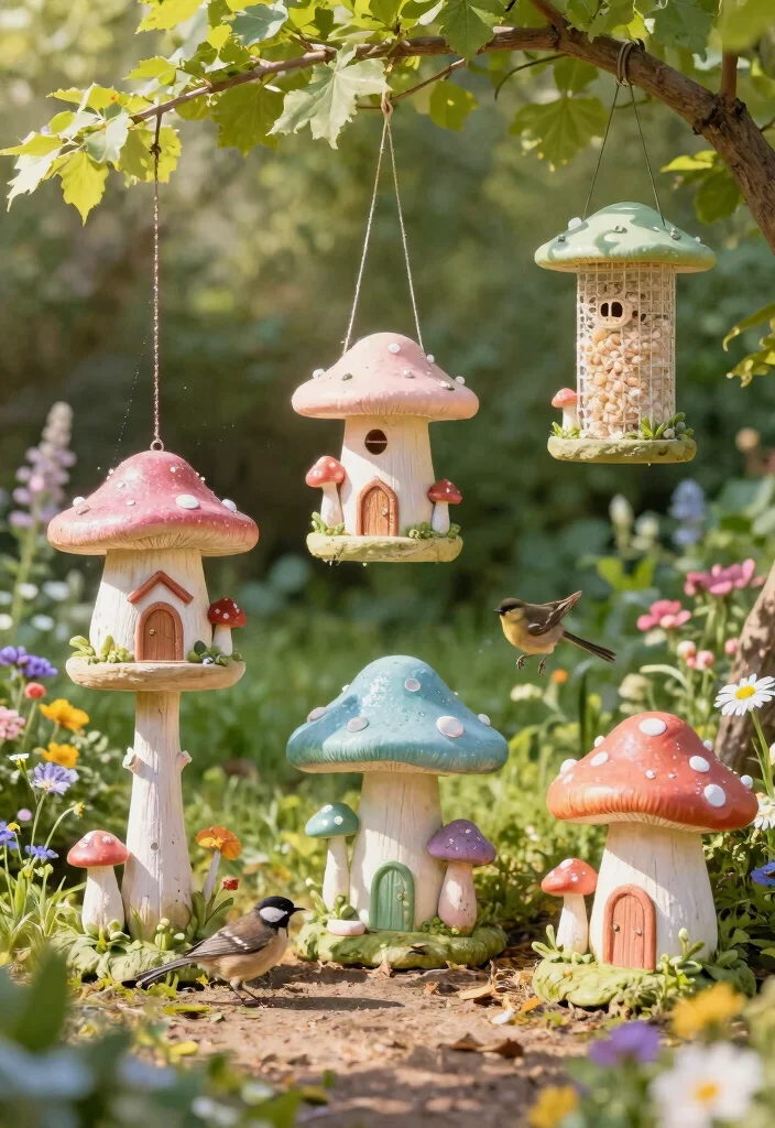 14 Bird Feeder Painting Ideas to Beautify Your Backyard - 1. Whimsical Fairy Tale Feeders 1