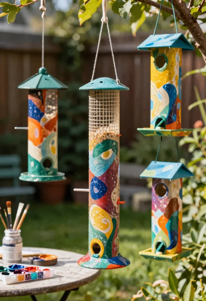 14 Bird Feeder Painting Ideas to Beautify Your Backyard - 10. Artistic Abstract Designs 1