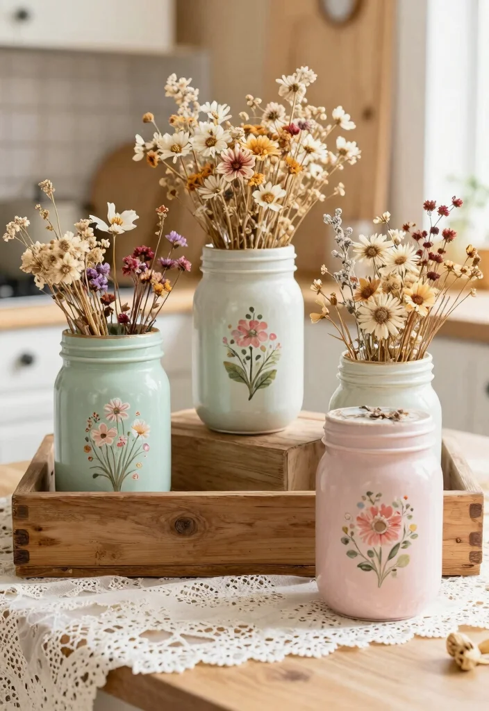 14 Mason Jar Painting Ideas for Cozy Rustic Home Decor - 1. Shabby Chic Floral Jars 1