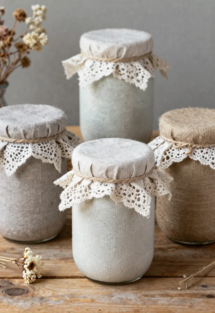 14 Mason Jar Painting Ideas for Cozy Rustic Home Decor - 11. Textured Fabric Jars 1