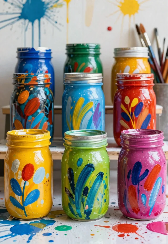 14 Mason Jar Painting Ideas for Cozy Rustic Home Decor - 13. Artistic Brushstroke Jars 1