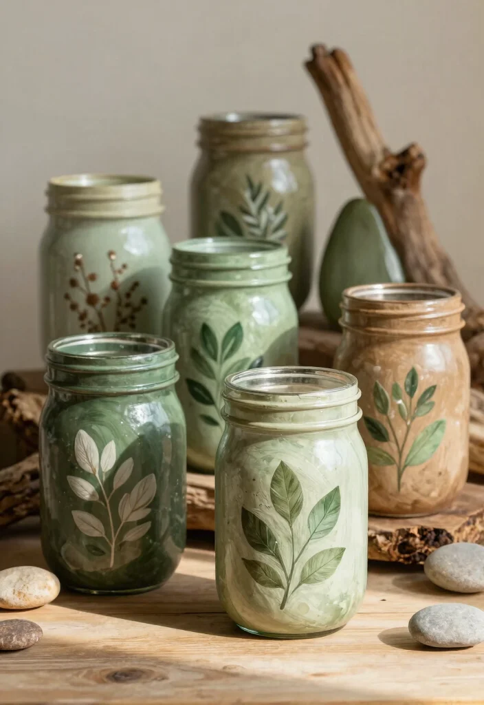 14 Mason Jar Painting Ideas for Cozy Rustic Home Decor - 8. Nature-Inspired Jars 1