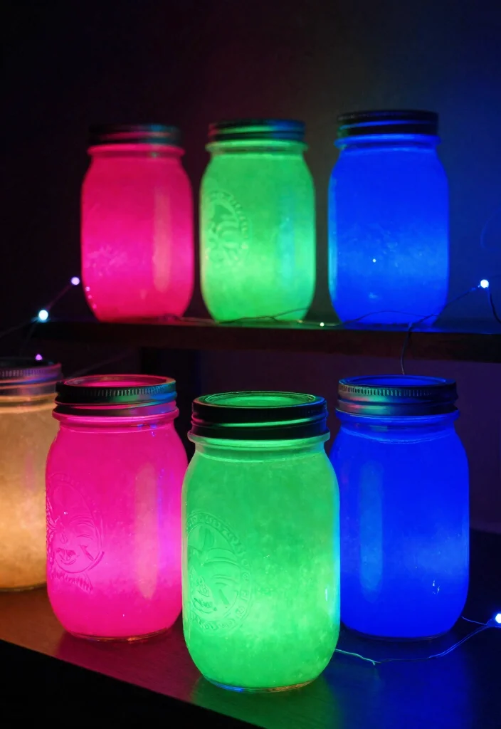 14 Mason Jar Painting Ideas for Cozy Rustic Home Decor - 9. Neon Glow Jars 1