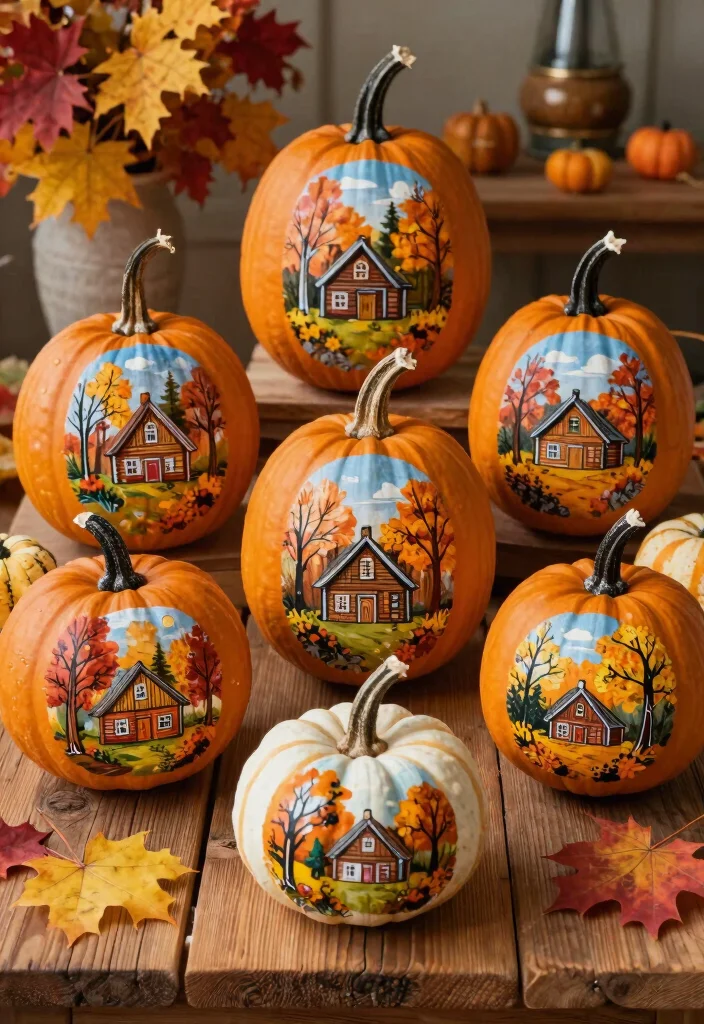 14 Small Pumpkin Painting Ideas That Beat Traditional Carving - 14. Seasonal Scene Murals 1
