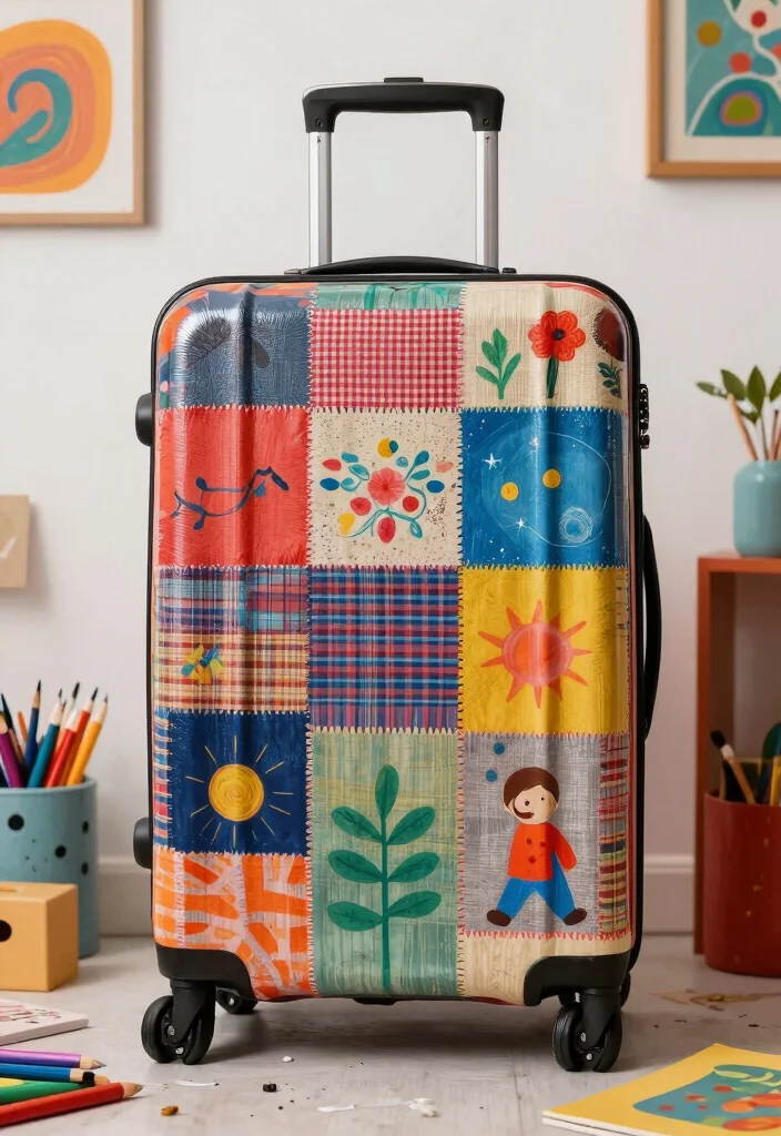 14 Suitcase Painting Ideas to Turn Old Luggage into Statement Decor - 10. Artistic Patchwork Styles 1