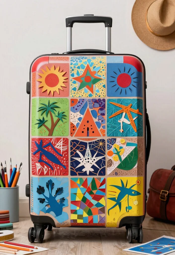 14 Suitcase Painting Ideas to Turn Old Luggage into Statement Decor - 13. DIY Travel-Themed Mosaics 1