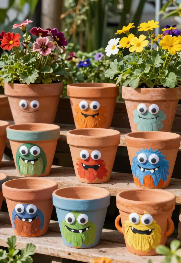 16 Clay Pot Painting Ideas to Upgrade Your Garden on a Budget - 1. Whimsical Garden Monsters 1