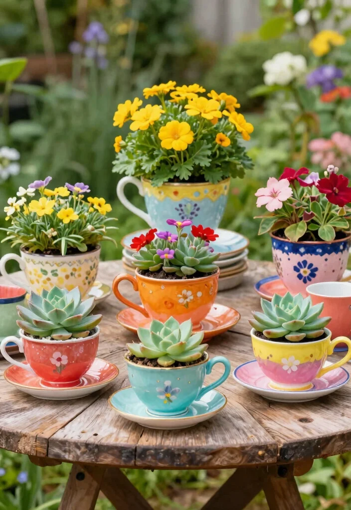 16 Clay Pot Painting Ideas to Upgrade Your Garden on a Budget - 15. Upcycled Teacup Planters 1
