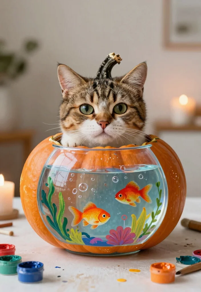 9 Cat Pumpkin Painting Ideas Cute Enough for Instagram - 8. Cat and Fish Bowl 1