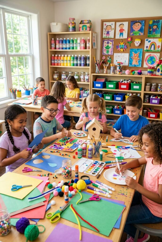 Children sitting around a table making arts and crafts with colorful supplies in a bright room.