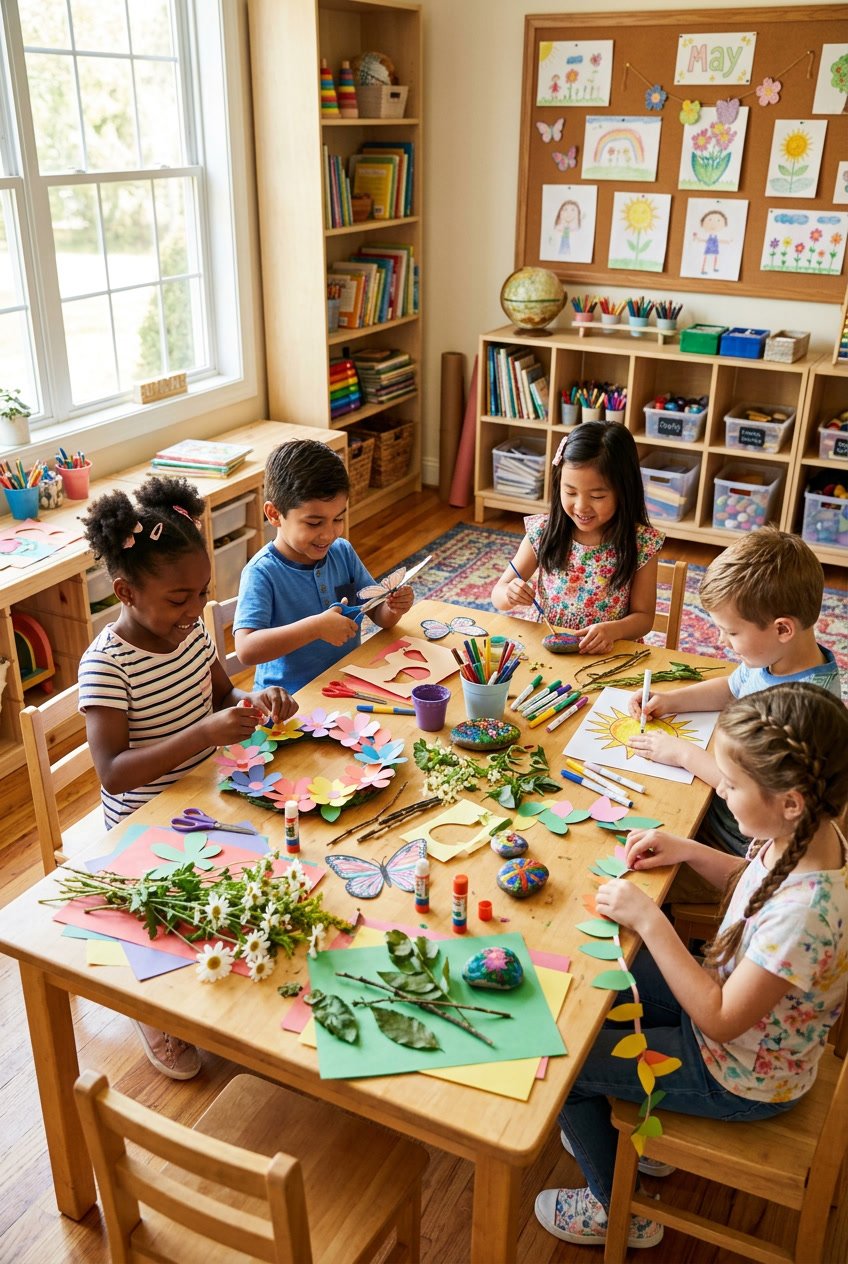 Children sitting around a table making colorful May themed crafts with flowers and art supplies indoors.