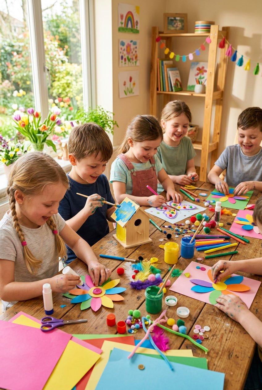 Children's hands making colorful spring crafts on a table filled with art supplies and decorations.