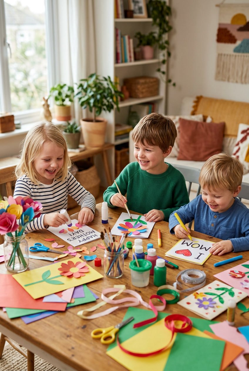 Children making colorful Mother's Day crafts at a table filled with art supplies.